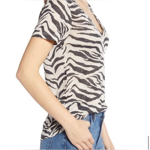 RAILS Cara Tiger Striped VNeck Tee T-Shirt Top Ivory Black Linen Blends Blouse - Picture 3 of 16